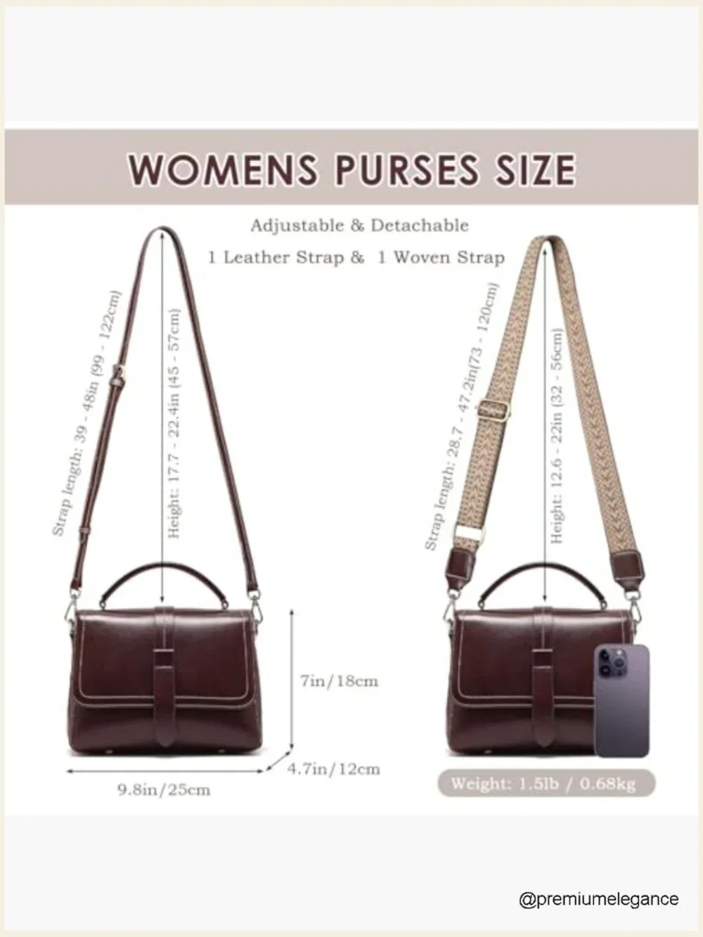 Genuine Leather Satchel Crossbody Bag with 2 Straps & 6 Pockets